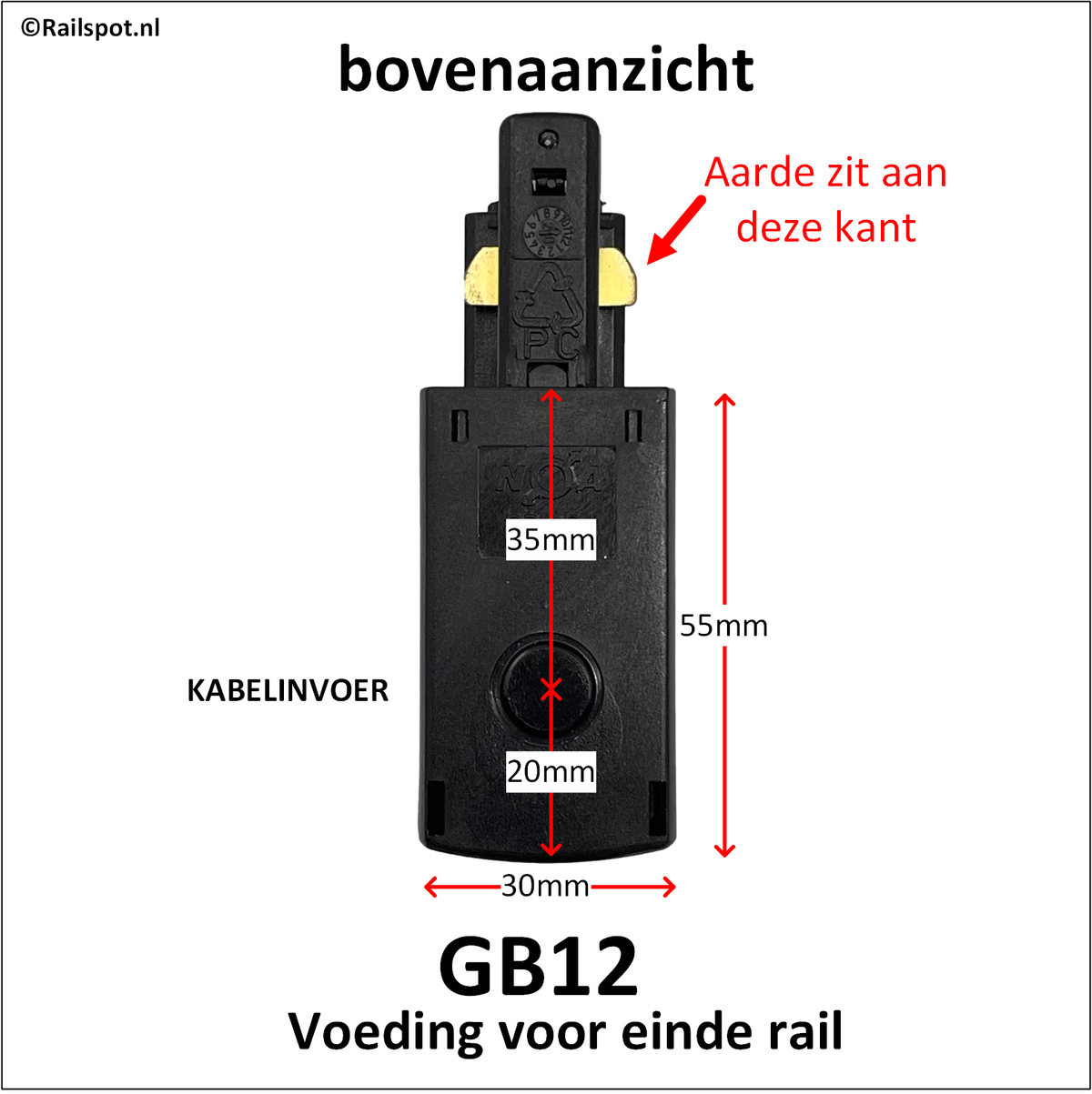 Afmetingen van de eindvoeding voor Nordic aluminium railverlichting
