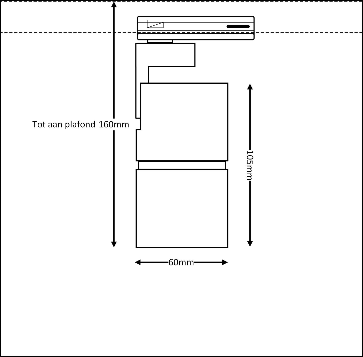 afmetingen van TUBY GU10 voor 1-fase railverlichting