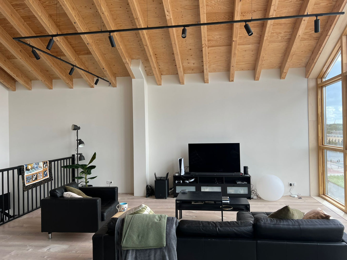 L-vorm rail met spot aan staaldraad onder plafond woning zwart