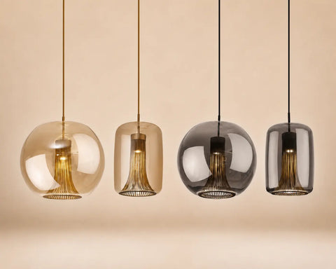alle glazen Lunara hanglamp modellen rond en cillinder, rookglas en brons