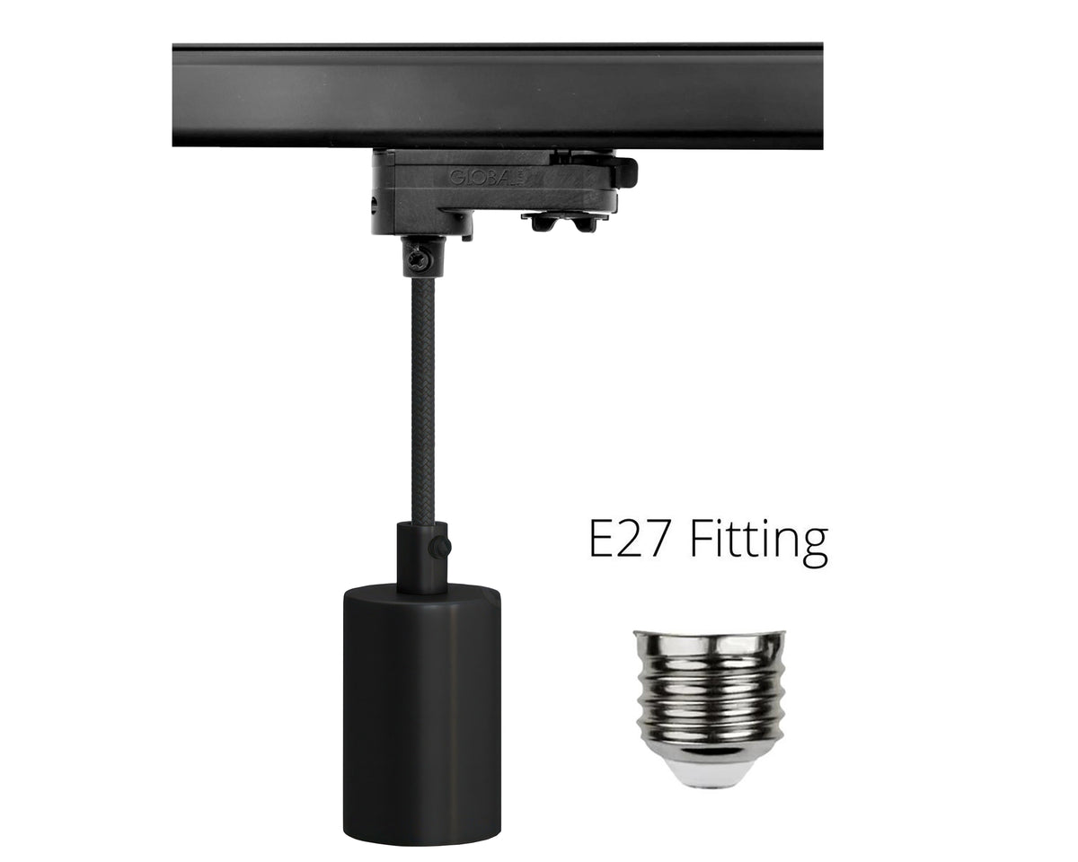 zwarte e27 fitting met kabe voor 3-fase rail