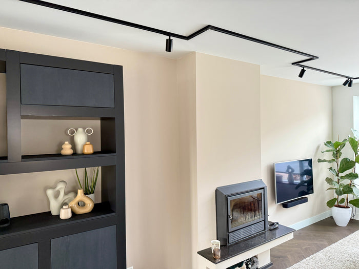 Zwart railverlichting Woonkamer Nordic Global 1F rail met HELIOS GU10