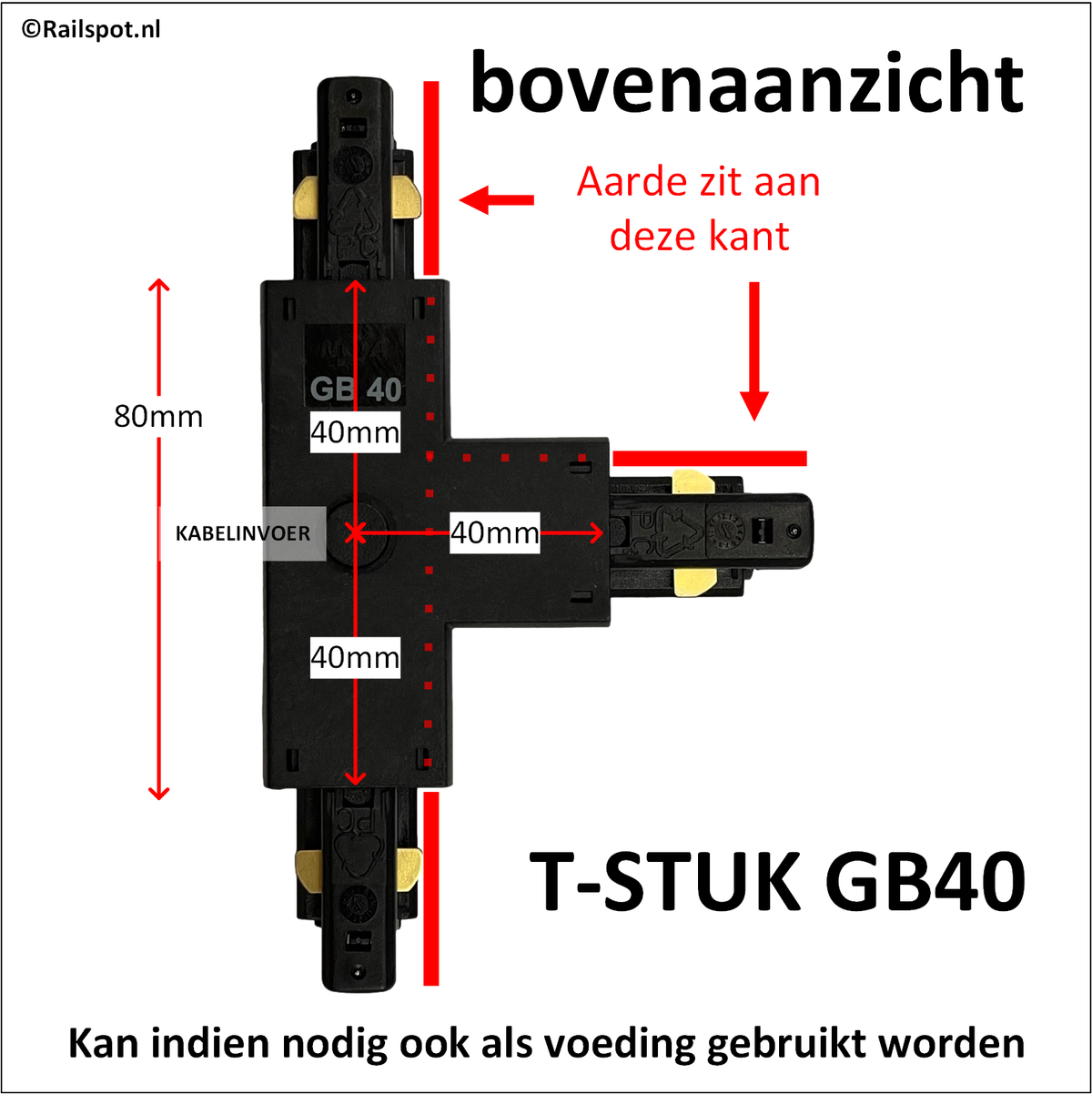 Afmetingen van een koppelstuk voor 1-fase railverlichting