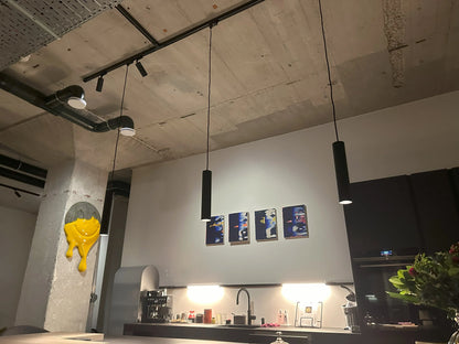 Moderne pendel hanglamp hangend aan een 3-fase railverlichting systeem