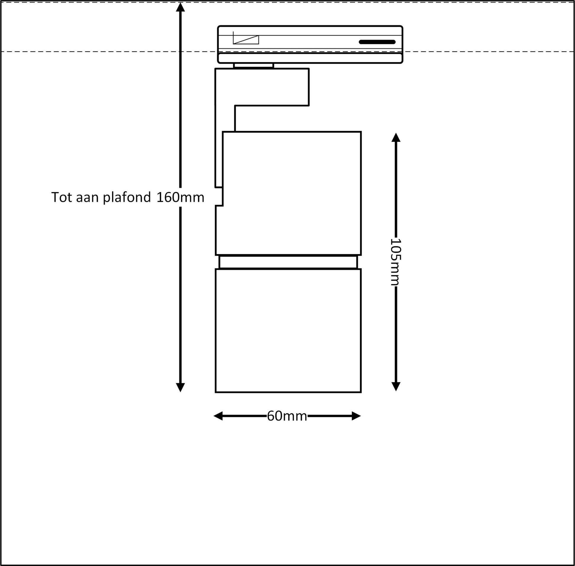 afmetingen van grijze TUBY 1-fase railspot