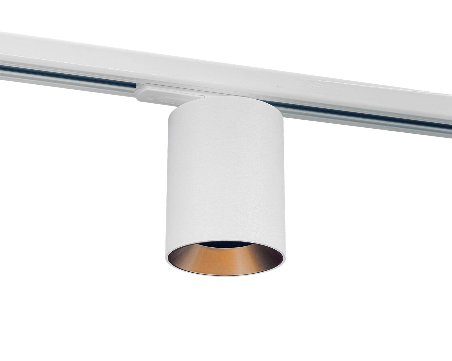 chique 1-fase railverlichting met witte GU10 railspot met gouden binnenring