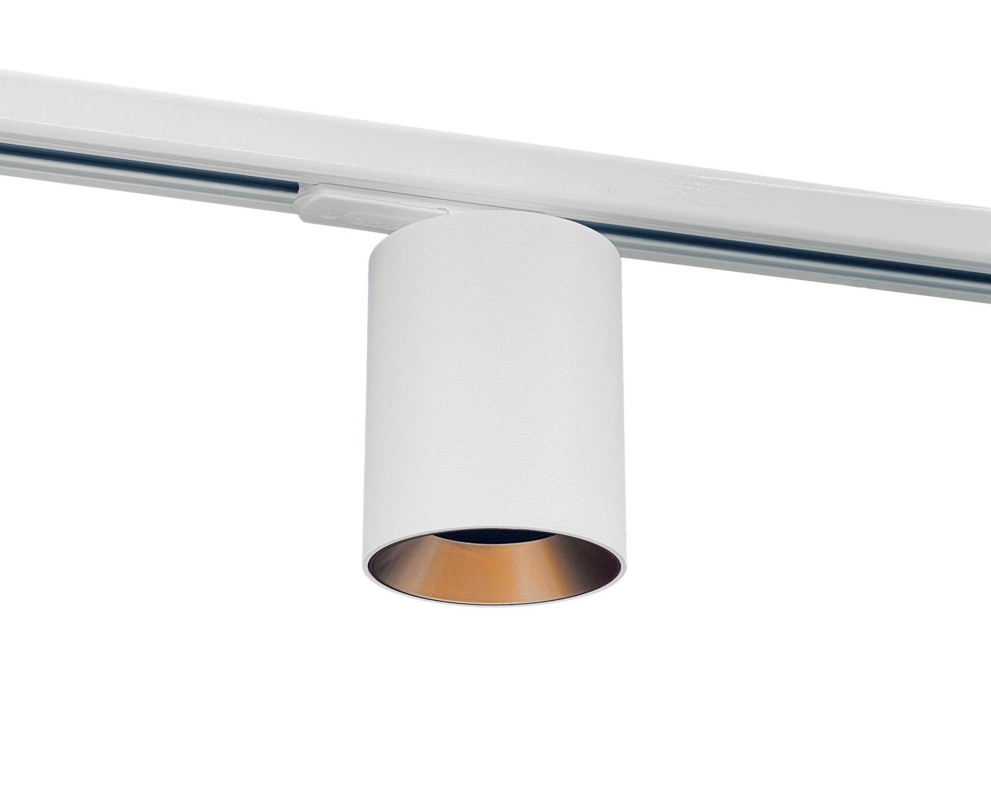 chique 1-fase railverlichting met witte GU10 railspot met gouden binnenring