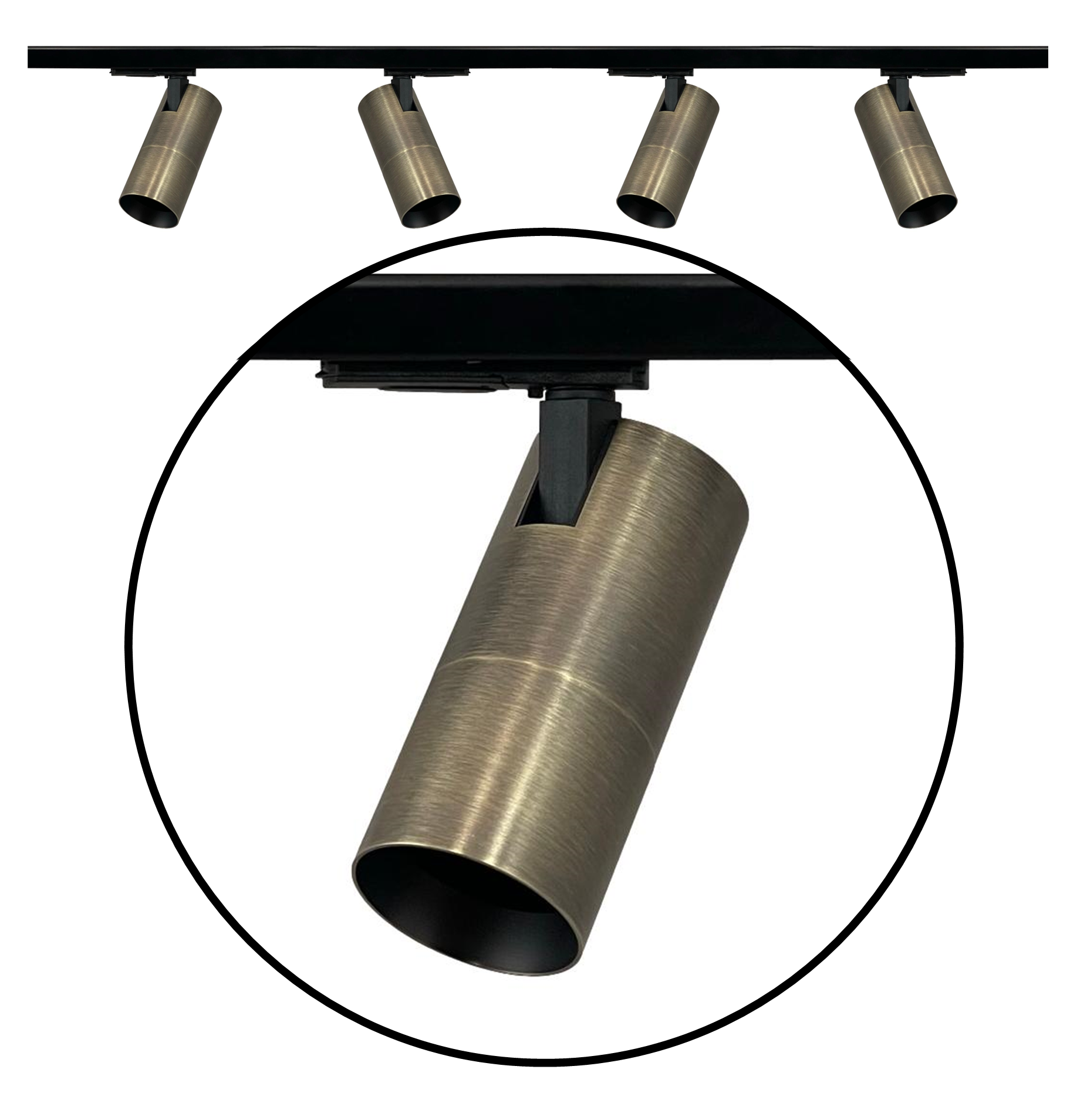 bronzen gu10 rail verlichting op zwarte 1-fase rail