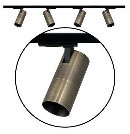 bronzen gu10 rail verlichting op zwarte 1-fase rail