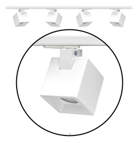 Complete set 1-fase railverlichting met KUBY GU10 railspot in wit, inclusief rail en eindvoeding.