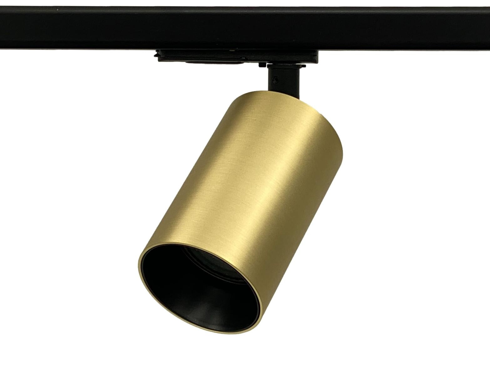 Messingkleurige railspots met GU10 fitting voor 1-fase lichtrail