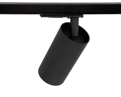 zwarte 1-fase railverlichting met GU10 spots waarbij de lichtbron verdiept ligt tegen inkijk