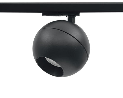Ronde bolvormige zwarte railspots met GU10 fitting voor 1-fase railverlichting