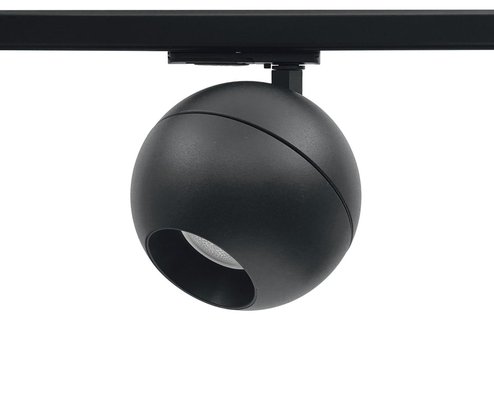 Ronde bolvormige zwarte railspots met GU10 fitting voor 1-fase railverlichting